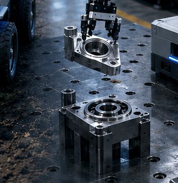 Robotic arm gripping a machined part
